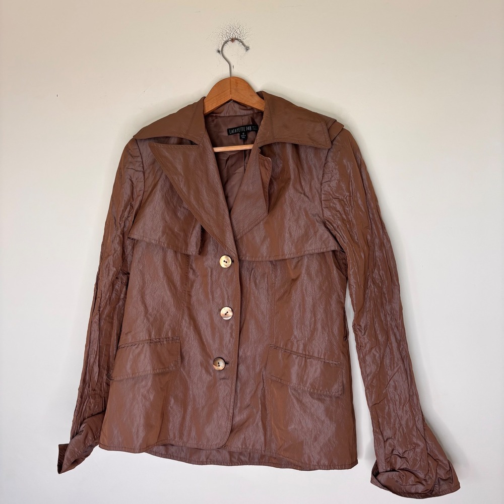 Lafayette 148 metallic brown crinkle short trench coat shiny designer size 12